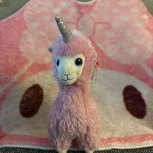 Pink and Silver Unicorn llamacorn with glitter in fur, very fluffy with tag